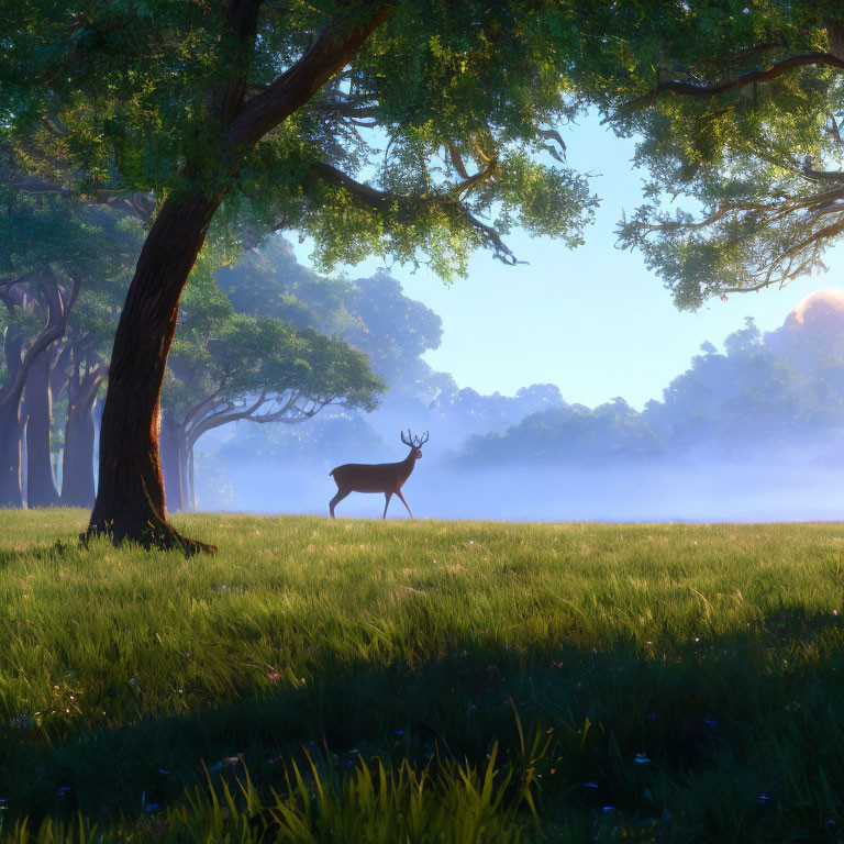 Tranquil forest landscape with deer in morning mist