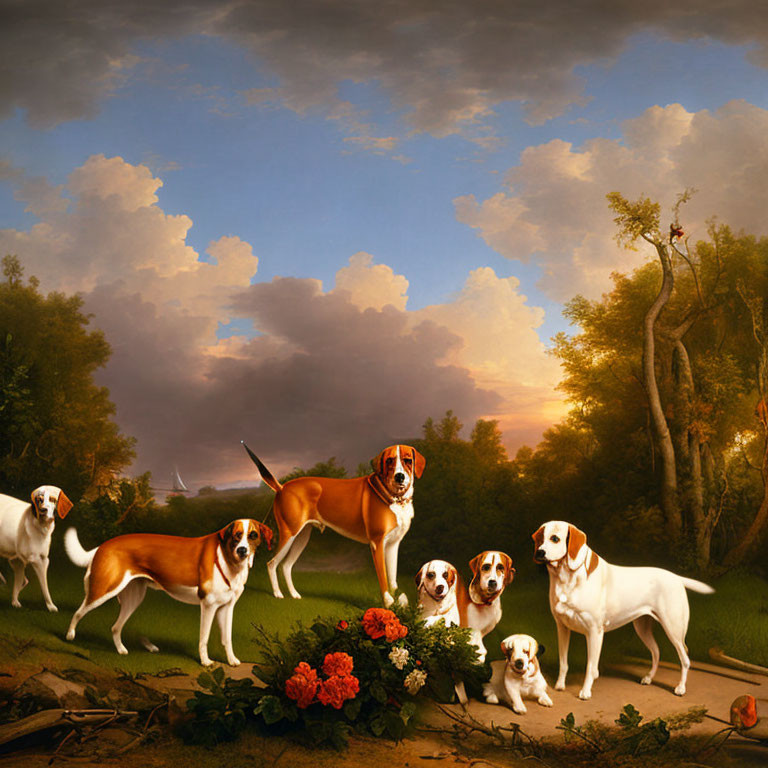 Seven dogs in serene landscape with lush trees and red flowers