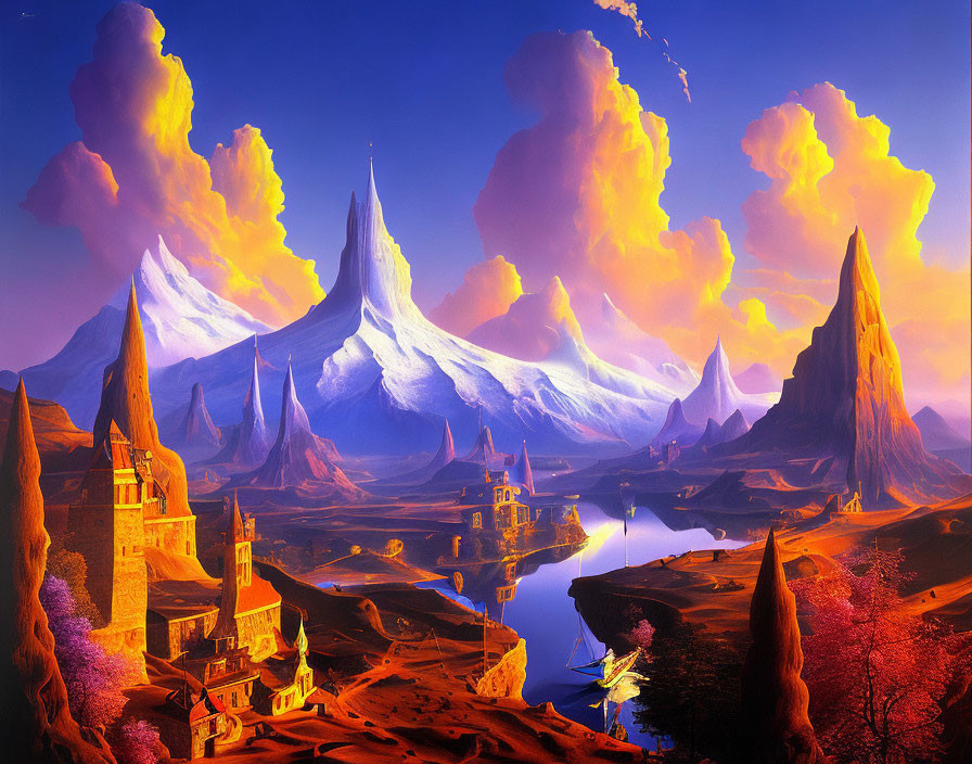 Fantasy landscape with castle, mountains, river, golden clouds