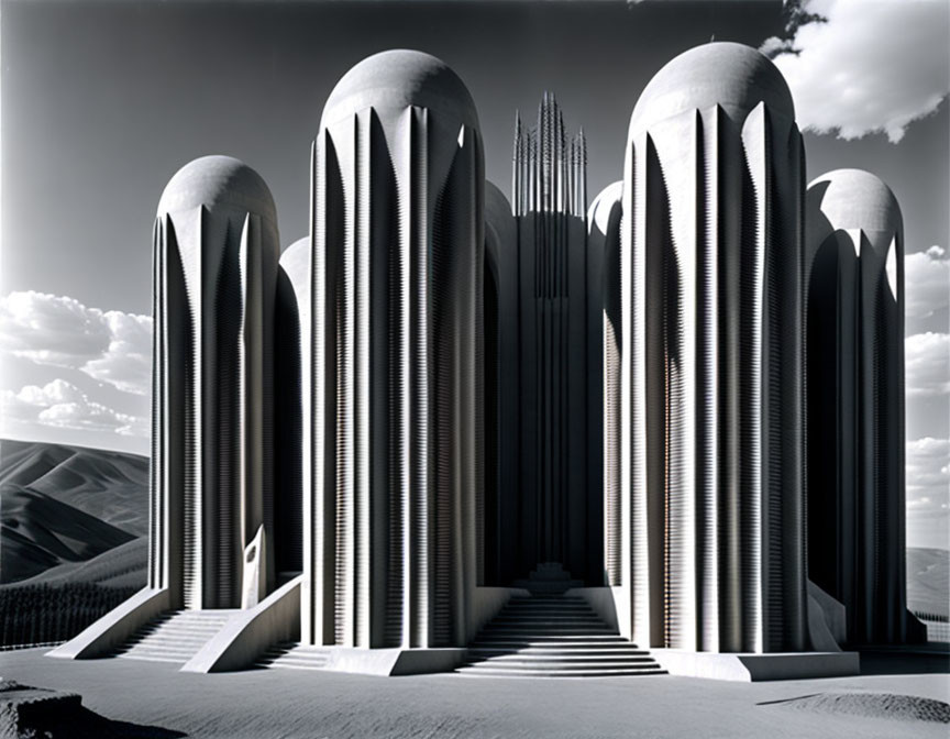 Futuristic ribbed towers in barren landscape under cloudy sky