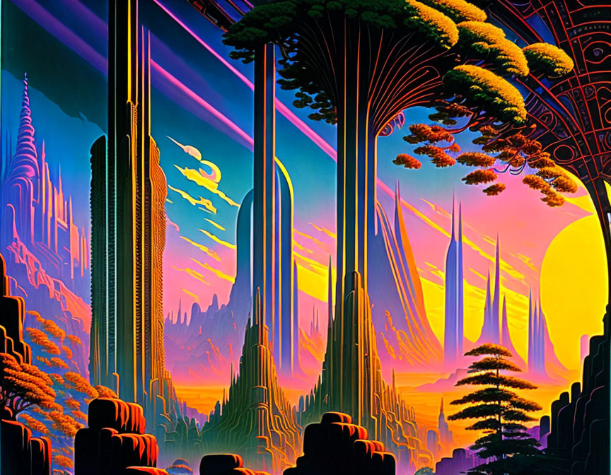 Colorful retro-futuristic landscape with towering structures and sunset hues