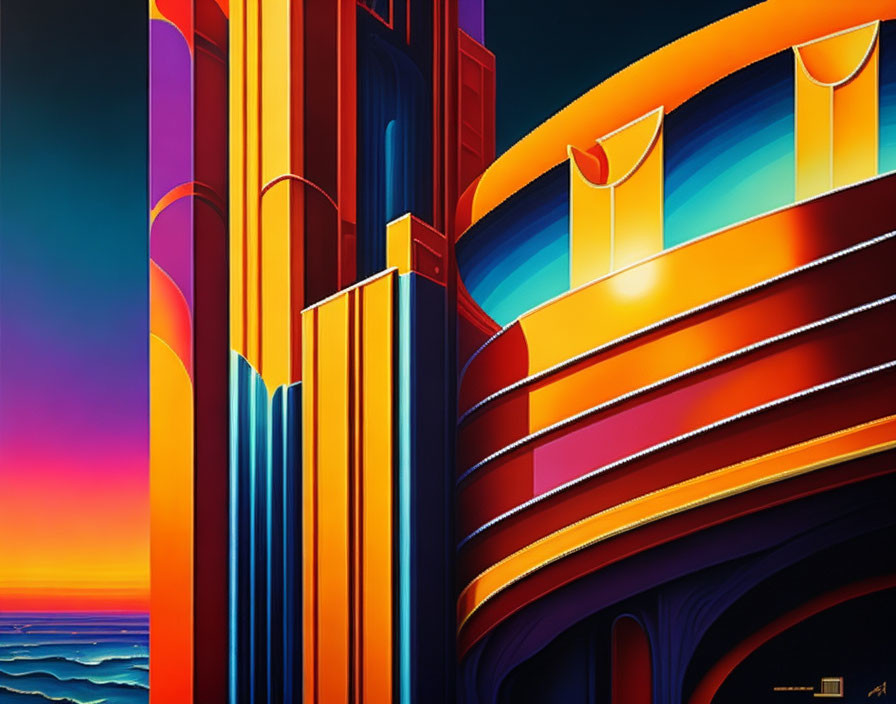 Colorful Digital Art: Stylized Architecture Against Sunset Sky