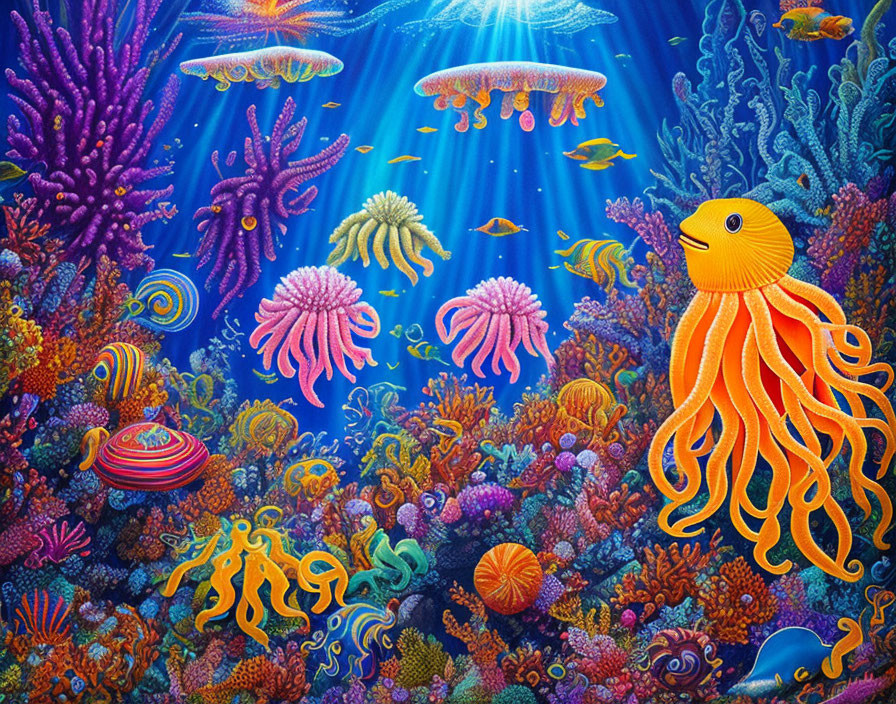 Colorful coral, fish, and jellyfish in vibrant underwater scene