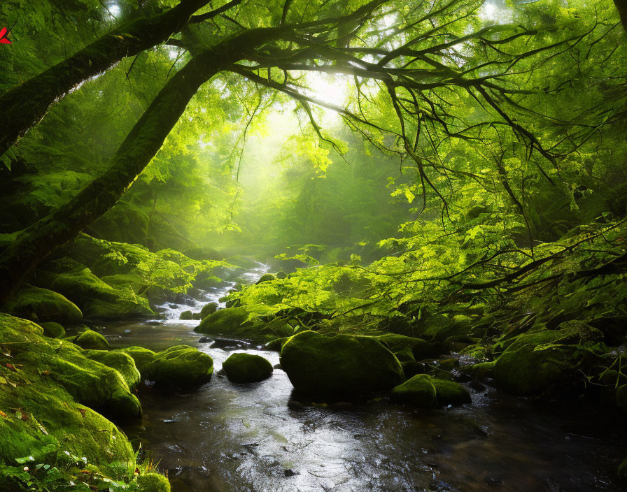 Tranquil Forest Brook with Moss-Covered Rocks and Sunlight