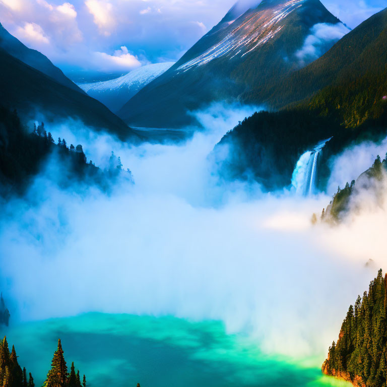 Mystical landscape with misty mountains, lush forest, waterfall, and turquoise lake
