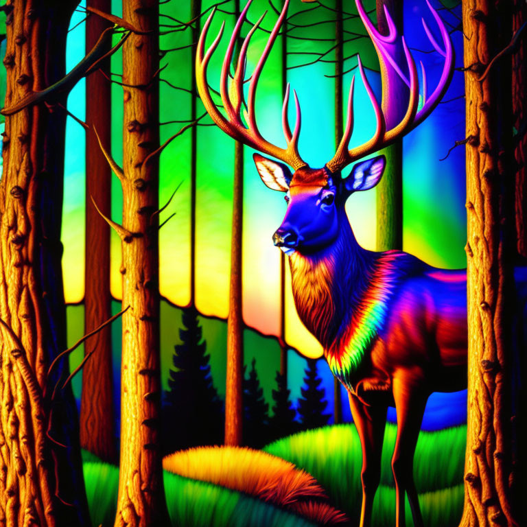 Colorful Illustration: Majestic Deer with Large Antlers in Stylized Forest at Sunrise