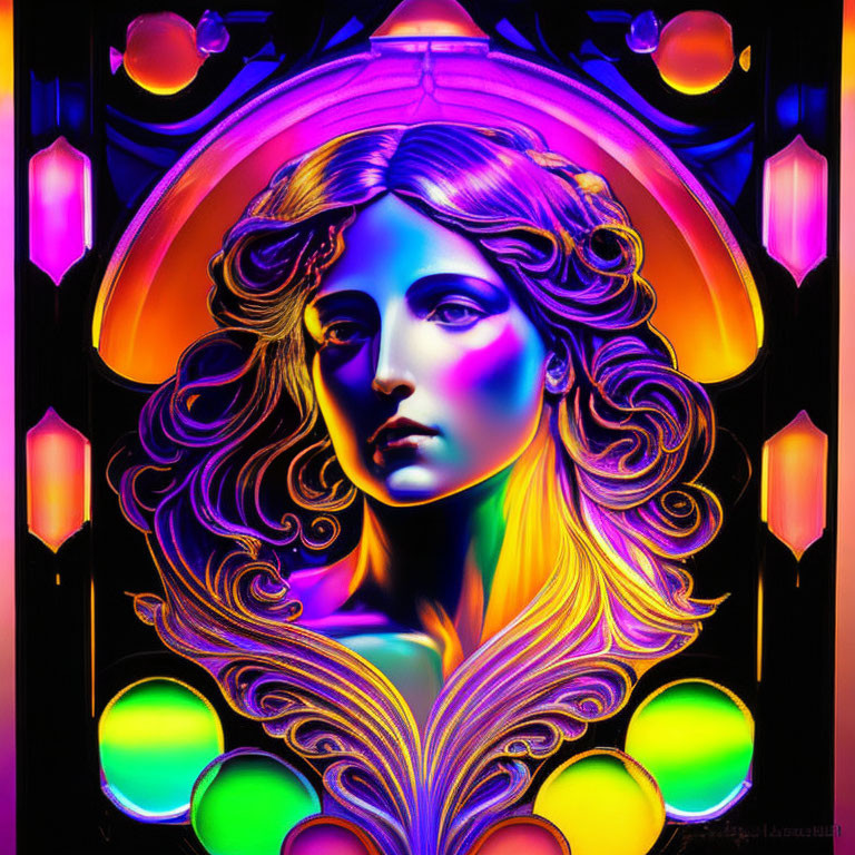 Colorful Art Nouveau-inspired woman's face with flowing hair and patterns.