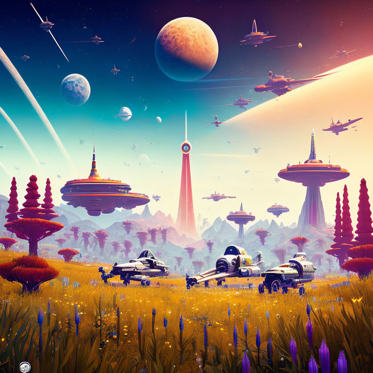Futuristic sci-fi landscape with spaceships, alien flora, and multiple moons