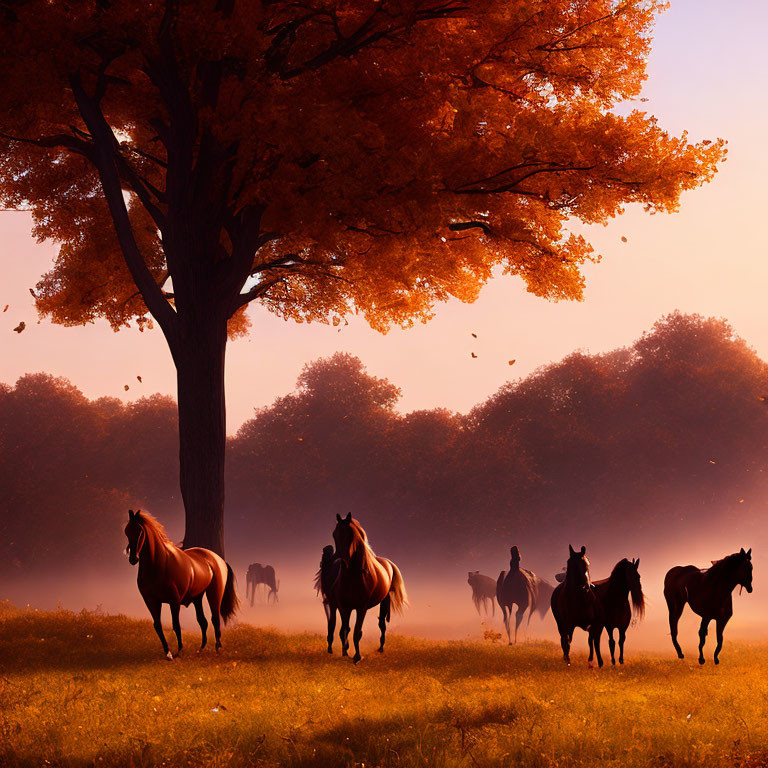 Autumn Setting with Grazing Horses and Golden Leaves