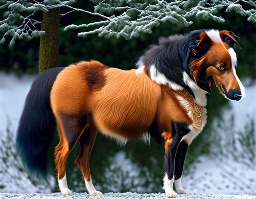 Tricolor Collie Dog in Snowy Landscape with Evergreen Branches
