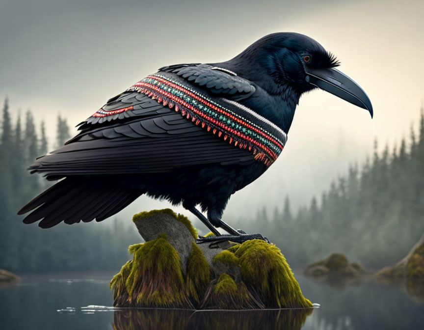 Digital Artwork: Raven with Intricate Wing Patterns on Mossy Rock in Misty Forest Lake Scene