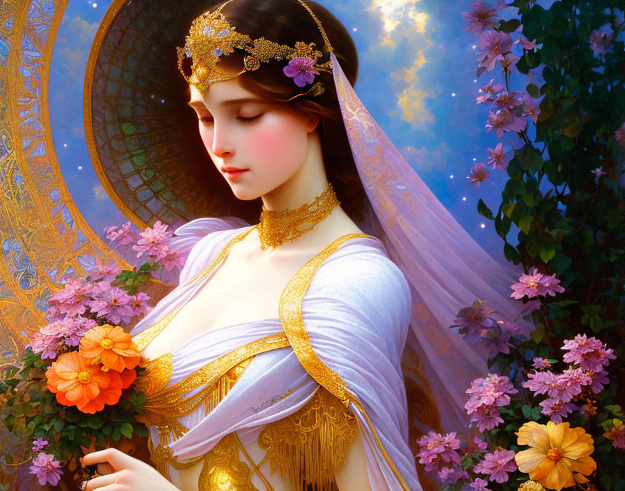 Ethereal woman with floral crown and veil in front of ornate blue backdrop