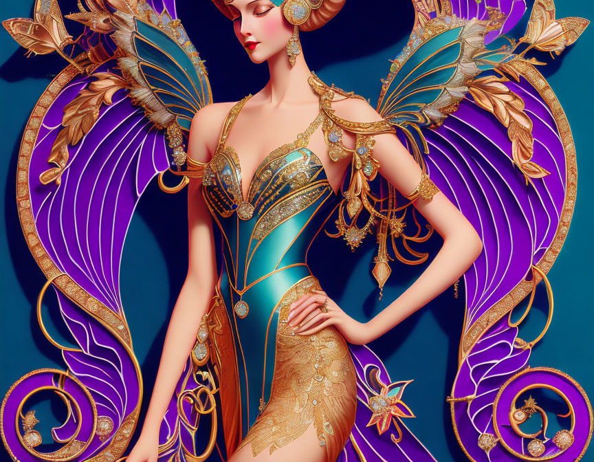 Illustrated Female Figure in Golden and Teal Attire with Majestic Purple and Gold Wings