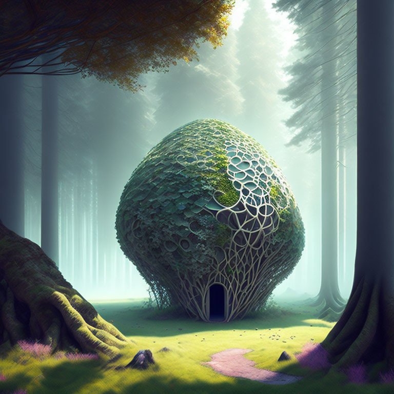 Mystical forest scene with spherical honeycomb structure