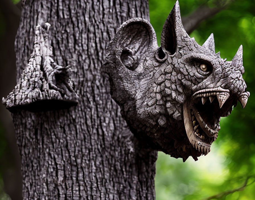Wooden dragon head sculpture with sharp teeth and horns emerging from tree trunk.