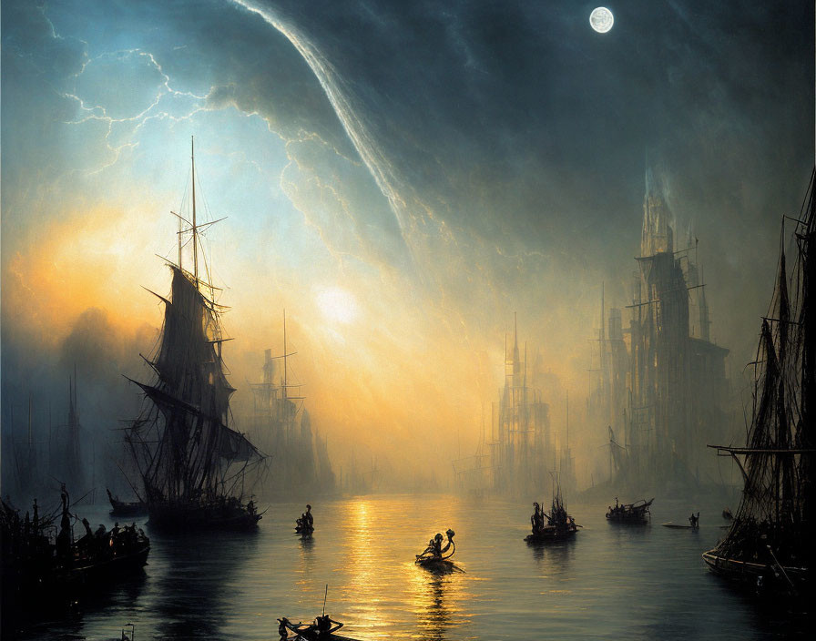 Maritime scene with tall ships, small boats, glowing moon, and swirling vortex