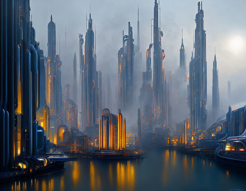 Futuristic cityscape at dusk: towering skyscrapers, glowing lights, atmospheric fog, and