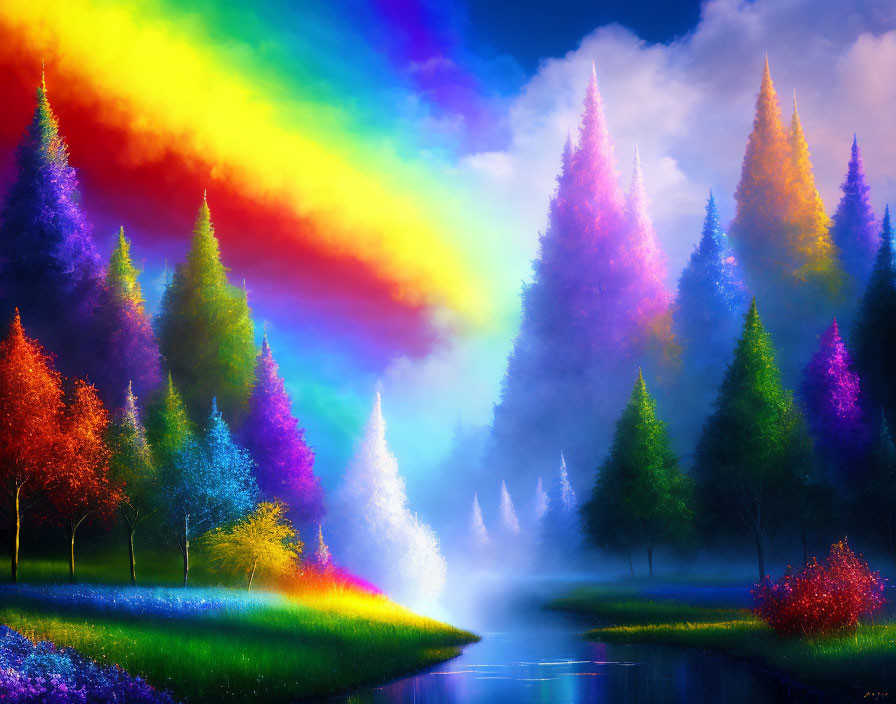 Colorful Landscape with Spectrum of Hues and Serene River
