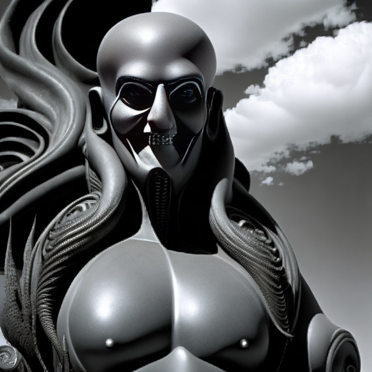 Futuristic humanoid figure with black mask and body armor under cloudy sky