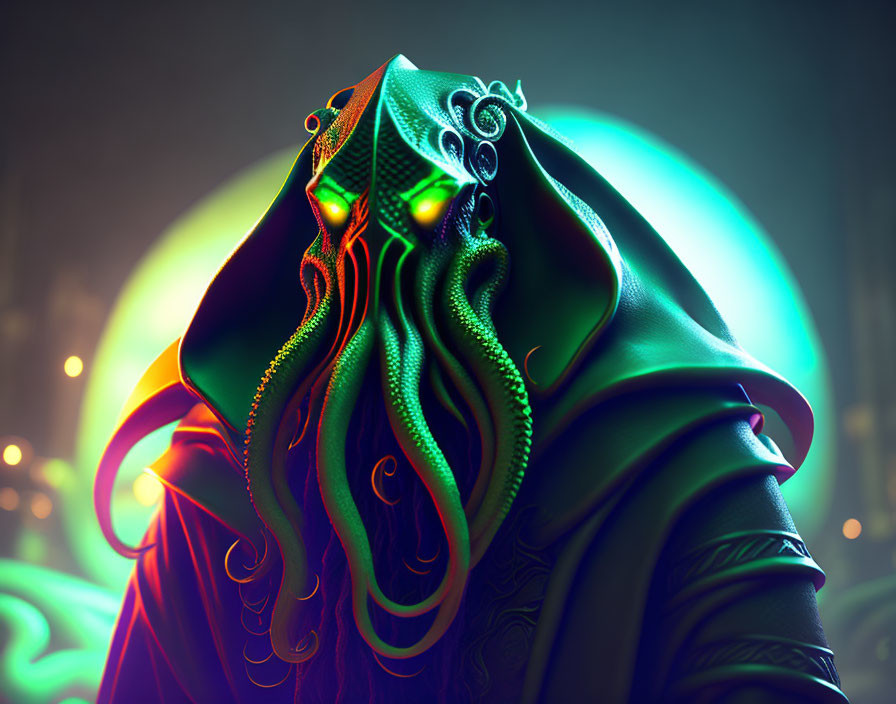 Mystical figure with tentacled face in green cloak in neon-lit setting