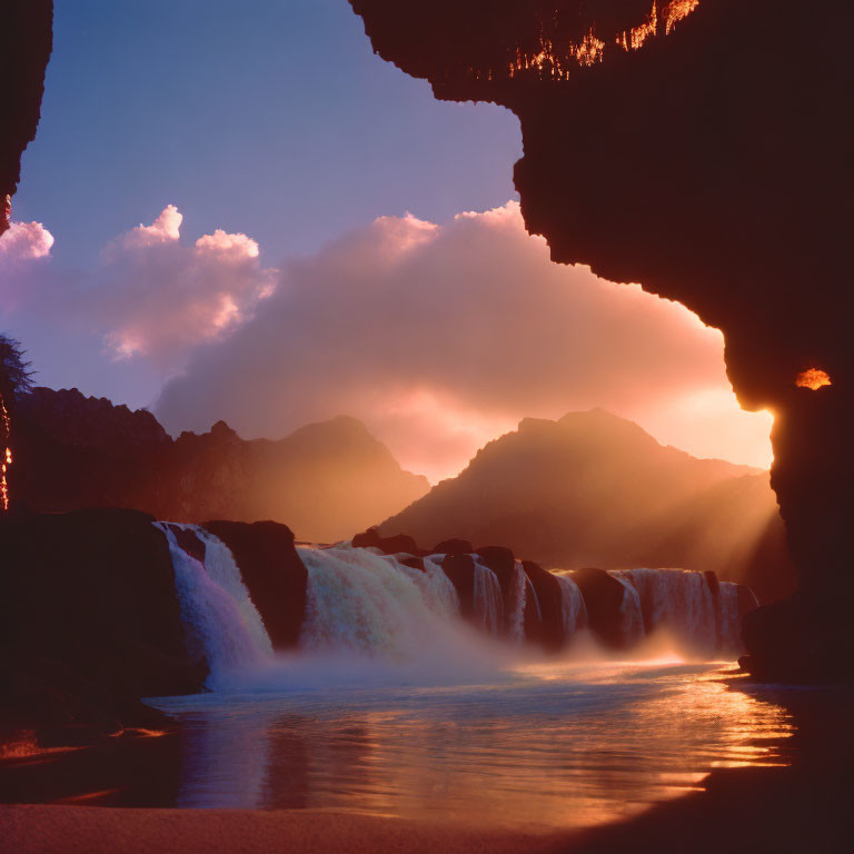 Vibrant sunset colors over cave, waterfalls, and mountains