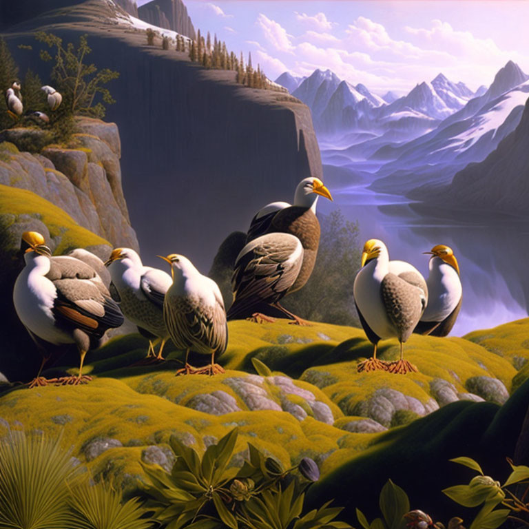 Birds on Verdant Cliff Overlooking Mountains and River Valley at Sunrise or Sunset