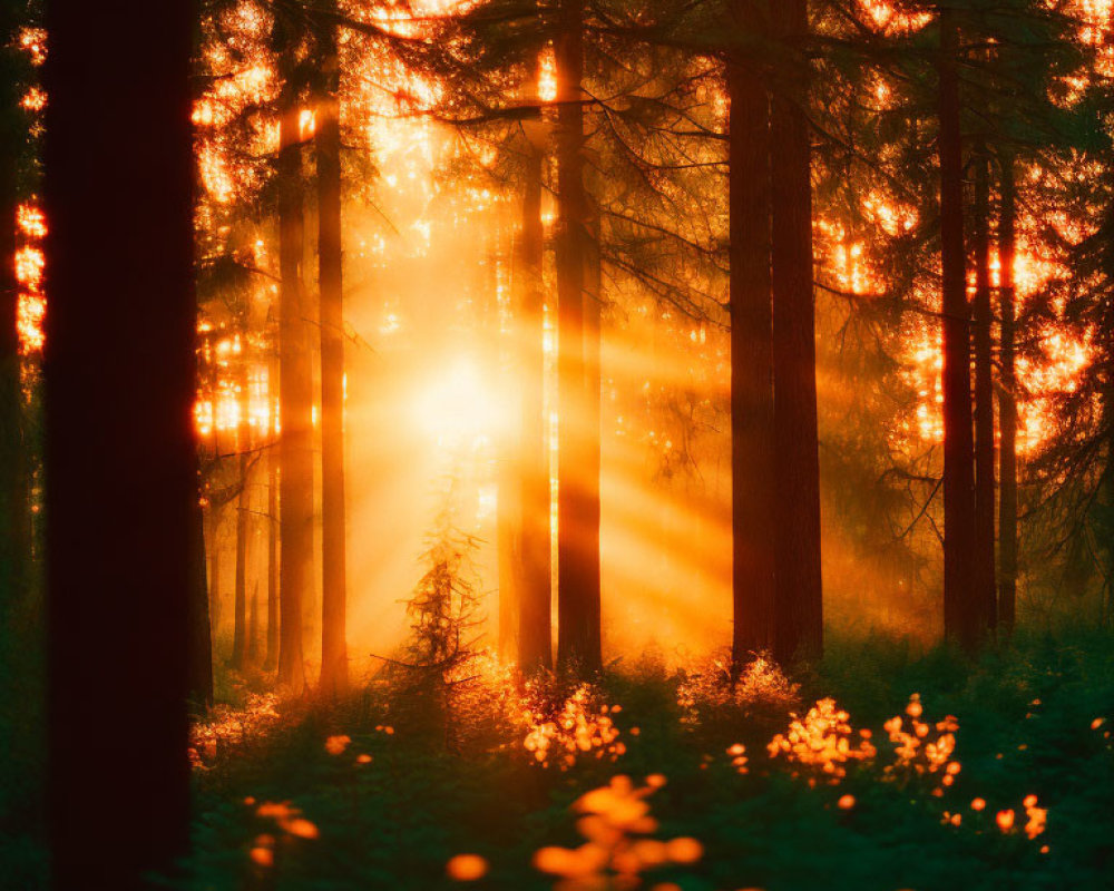Golden sunbeams illuminate misty forest scene, creating mystical ambiance