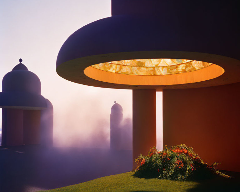 Circular surreal architecture glowing in sunlight with silhouetted domes.