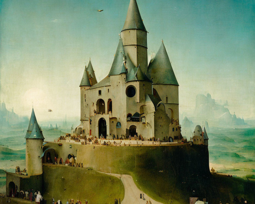 Detailed Painting of Medieval Hilltop Castle with Conical Roofs