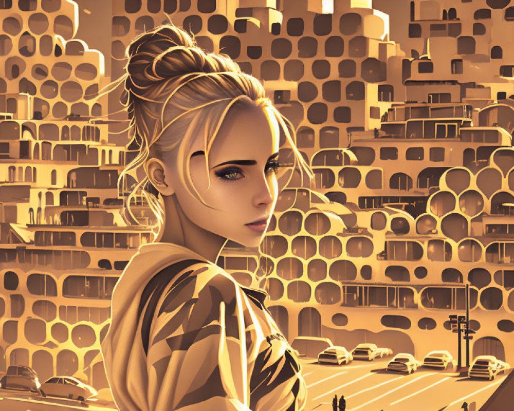 Woman with Bun Hairstyle in Striped Garment Gazing at Golden Cityscape