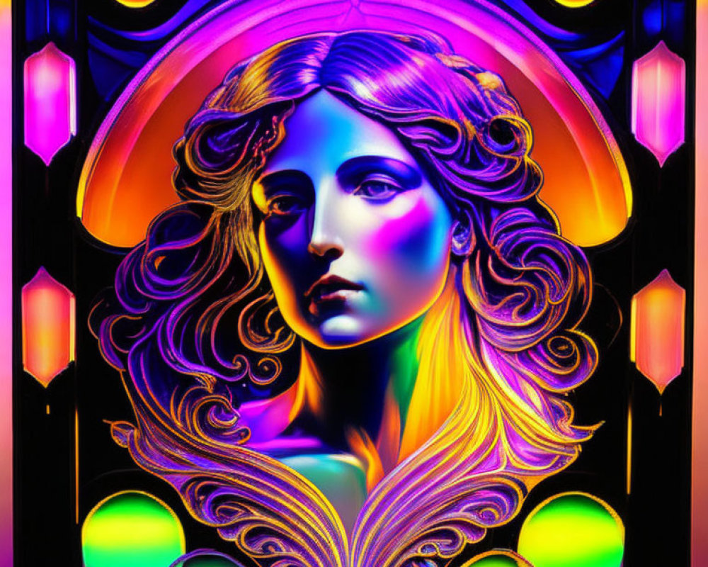 Colorful Art Nouveau-inspired woman's face with flowing hair and patterns.