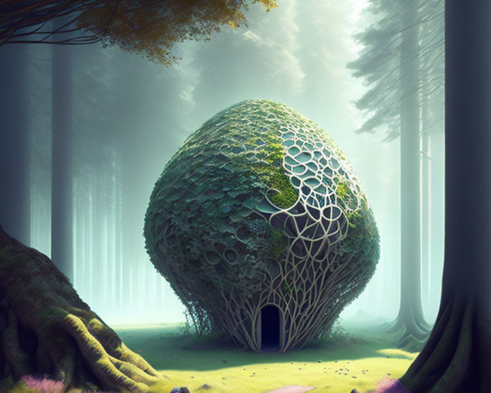 Mystical forest scene with spherical honeycomb structure
