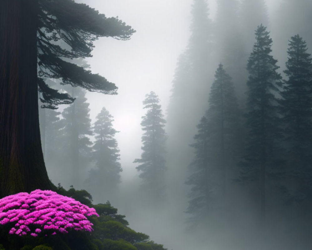 Lush forest landscape with tall trees and purple flowers