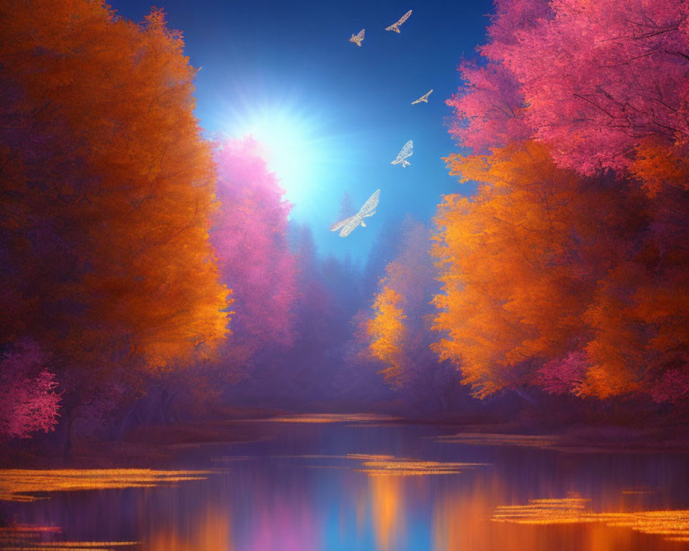Colorful autumn trees and birds by calm lake under blue sky