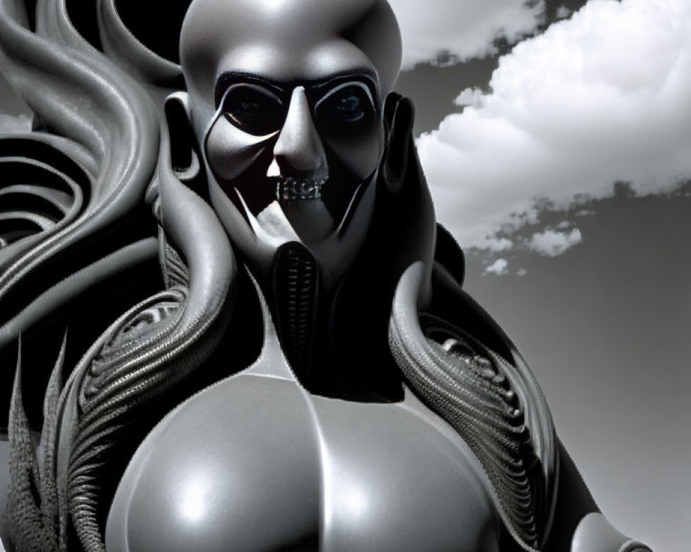 Futuristic humanoid figure with black mask and body armor under cloudy sky