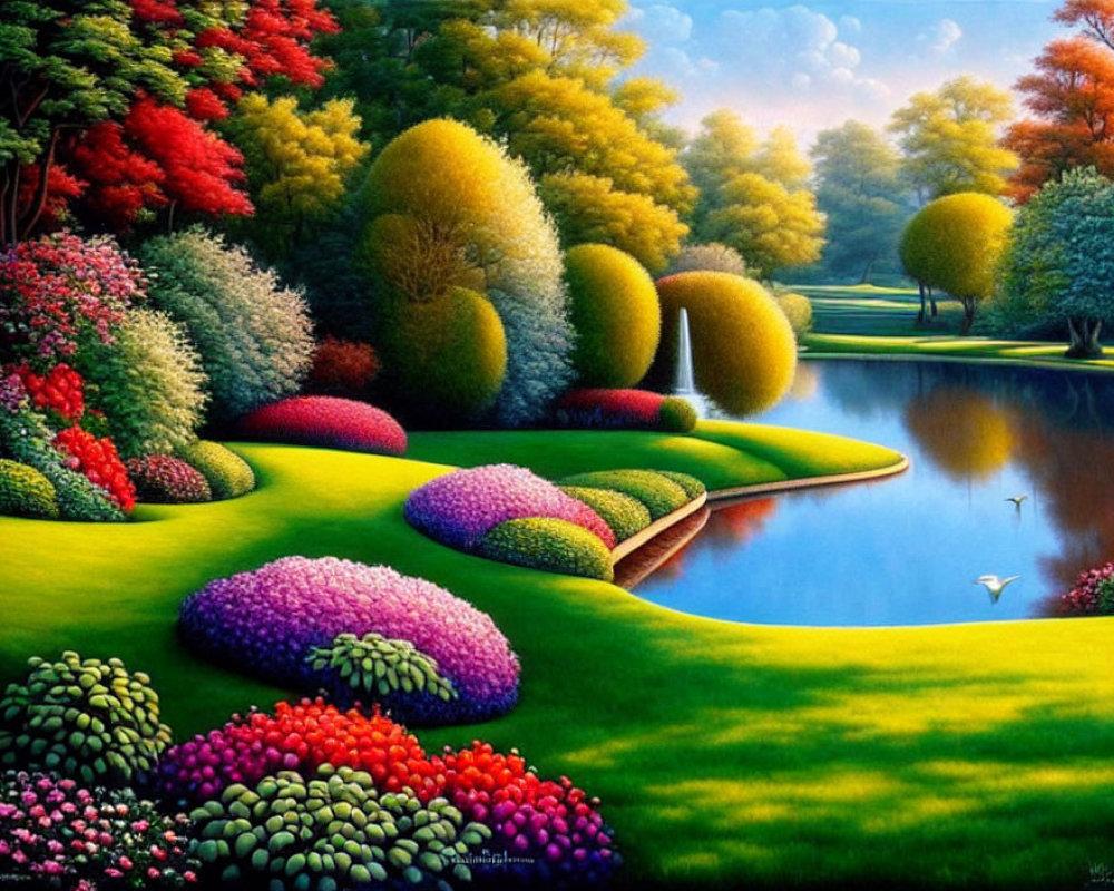 Colorful Landscape Painting with Bushes, Trees, River, and Sky