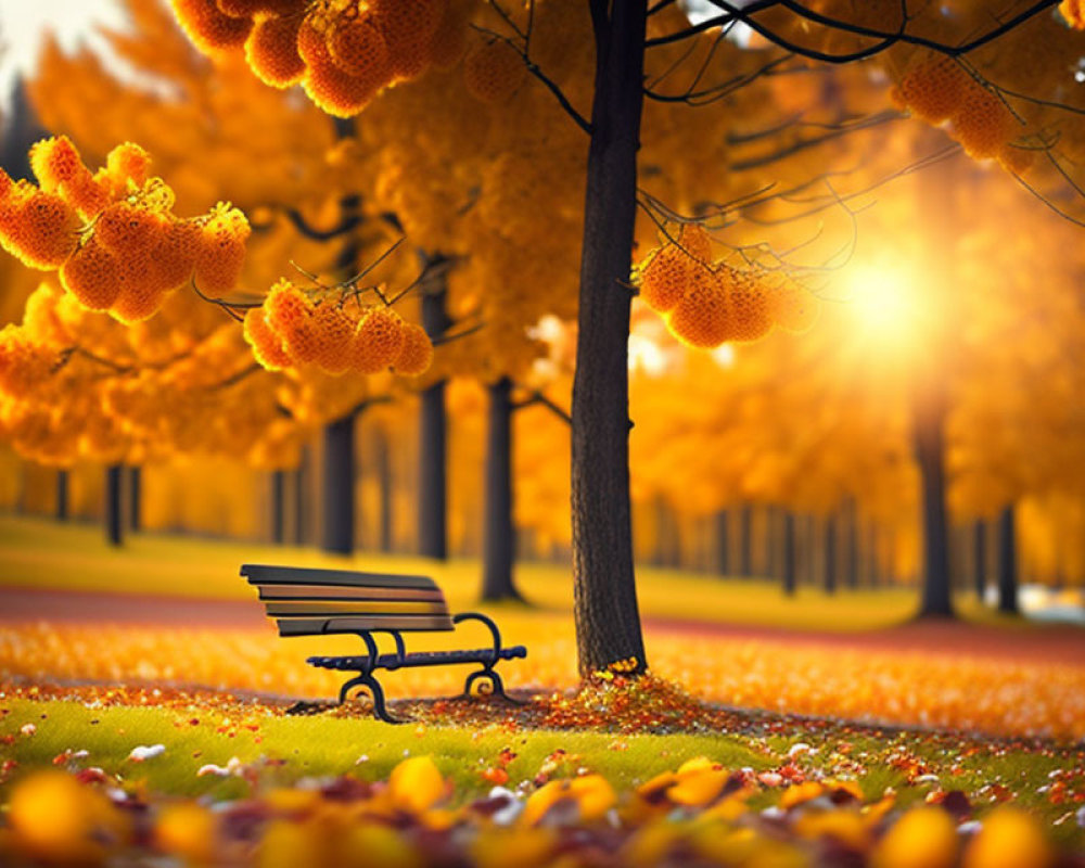 Tranquil autumn park with golden leaves, bench, vibrant trees, and glowing sunset