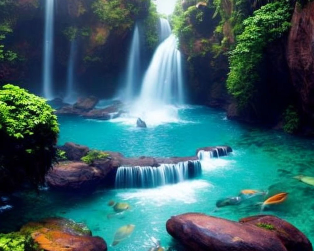 Tranquil scene: Cascading waterfalls, turquoise pool, moss-covered rocks
