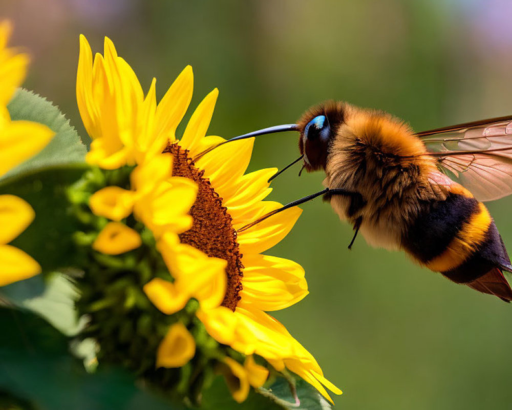 Macro photo: Bee with extended proboscis on sunflower
