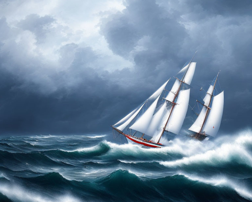 Sailing ship in stormy seas with towering waves and dark clouds