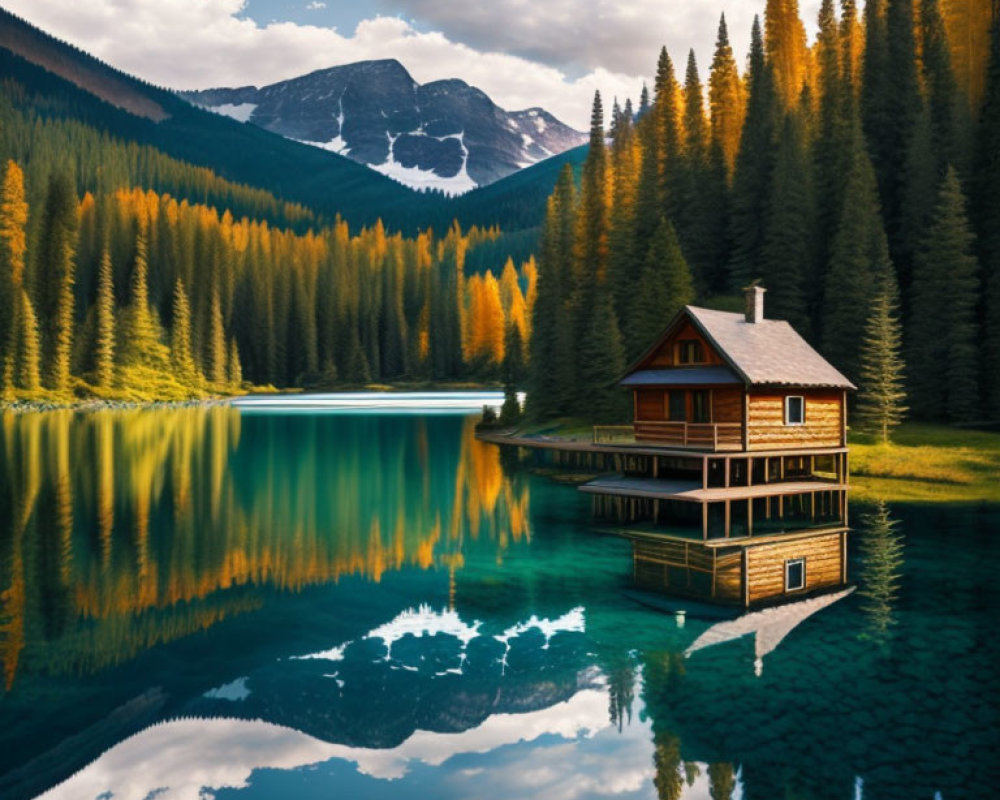 Tranquil Lakeside House with Autumn Pine Trees and Mountain Reflections