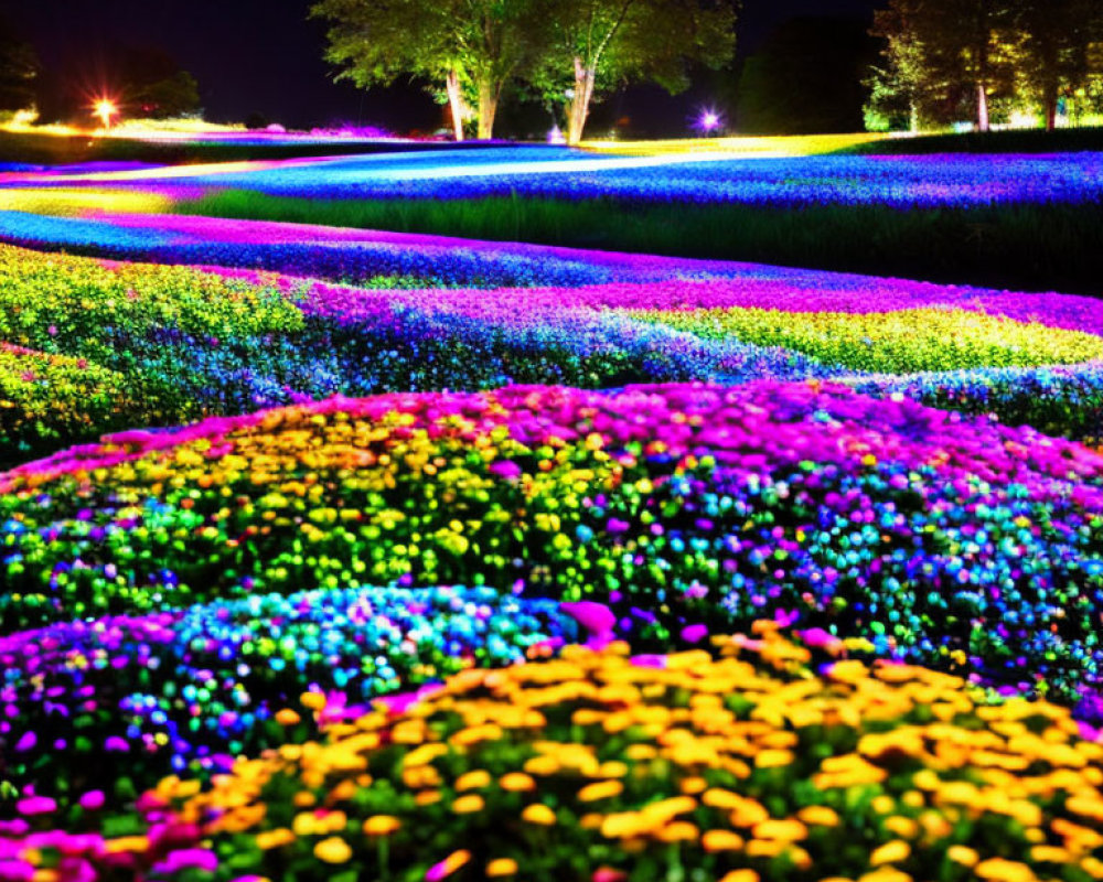 Colorful Night Garden Illuminated by Multicolored Lights
