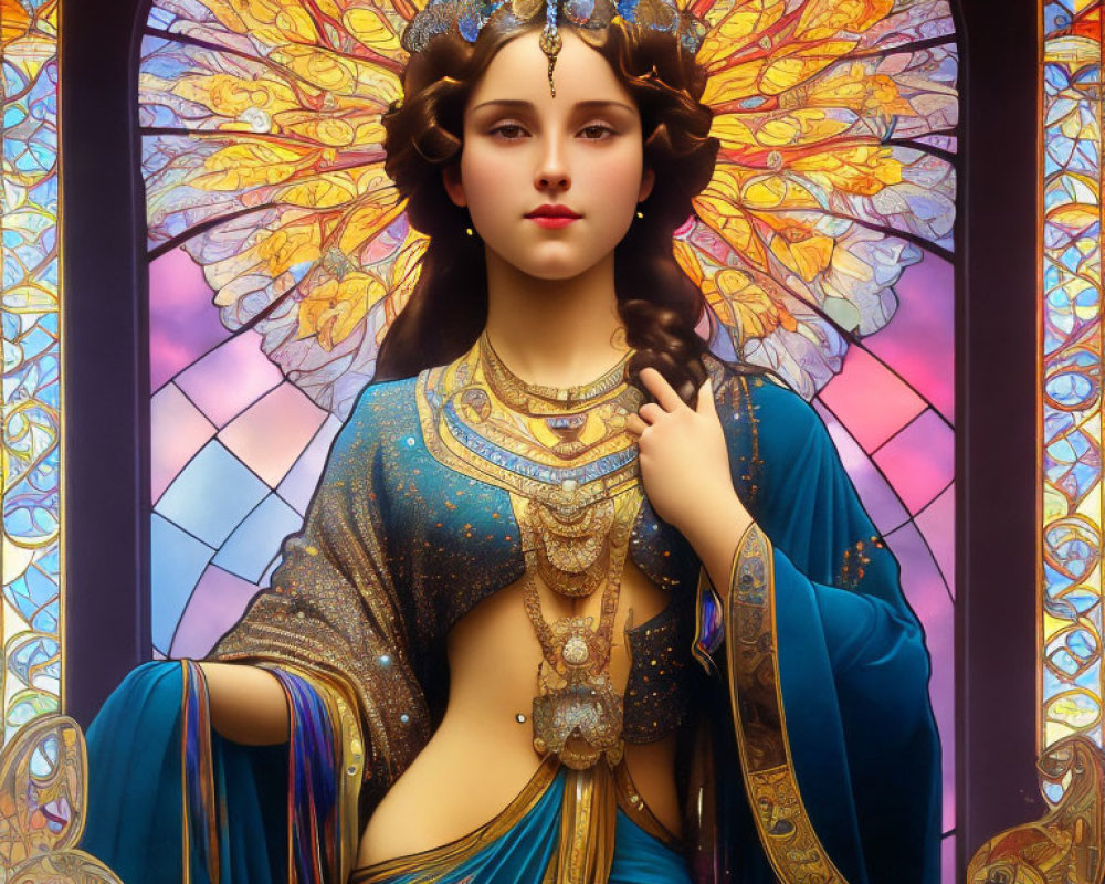 Portrait of Woman in Gold Jewelry and Blue Outfit Against Stained Glass