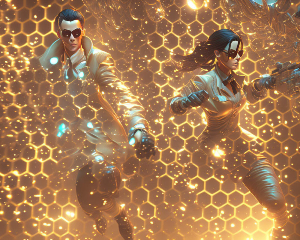 Futuristic characters battle in glowing hexagonal setting