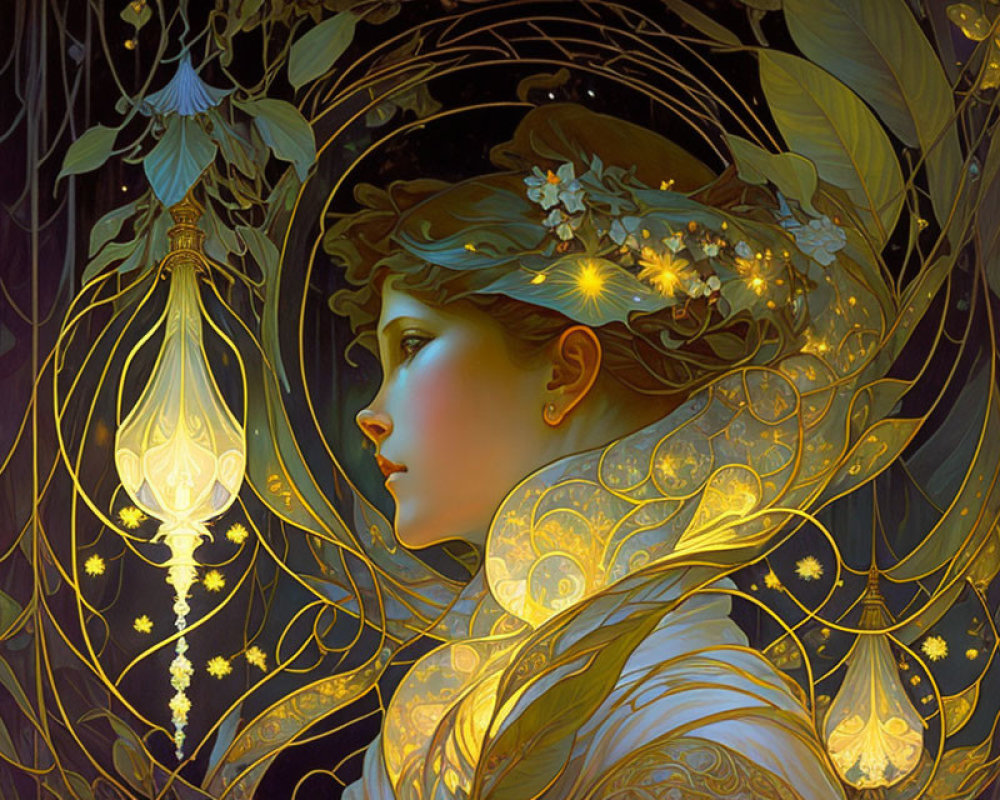 Fantasy art: Woman with golden headwear, lanterns, vines on dark background