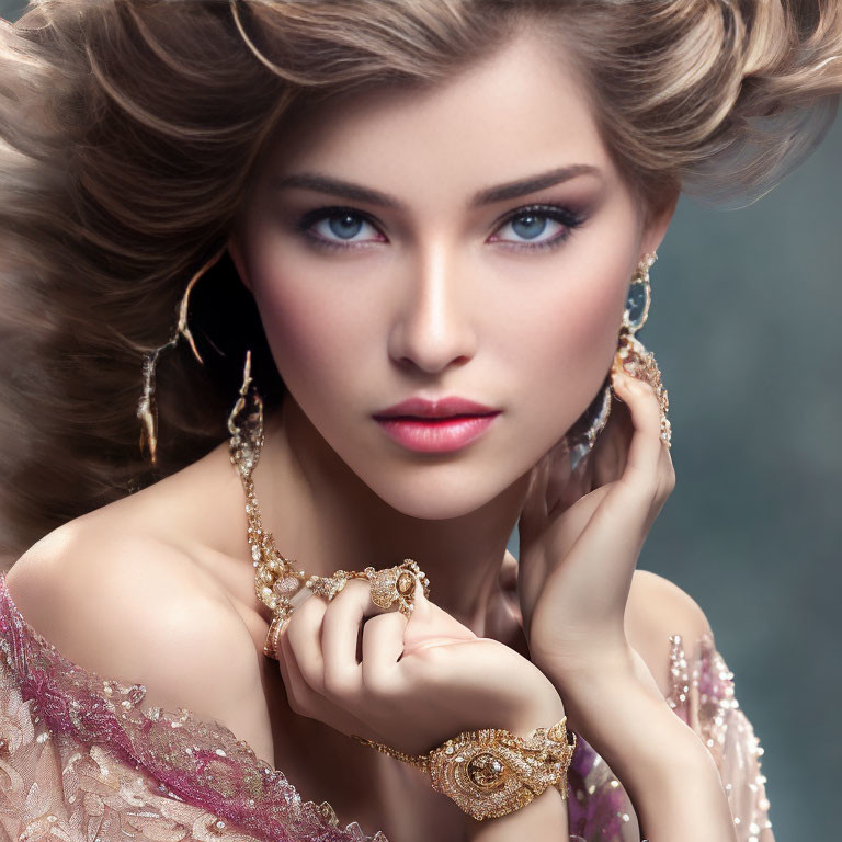 Blonde woman in pink dress with gold jewelry and blue eyes pose.