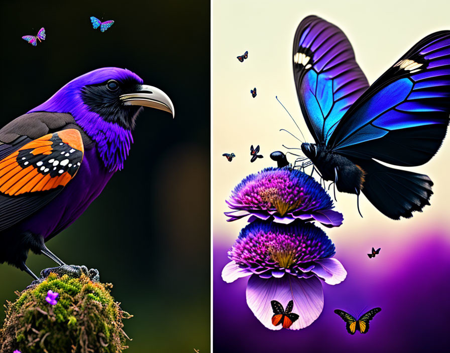 Colorful bird and butterflies in vibrant floral collage