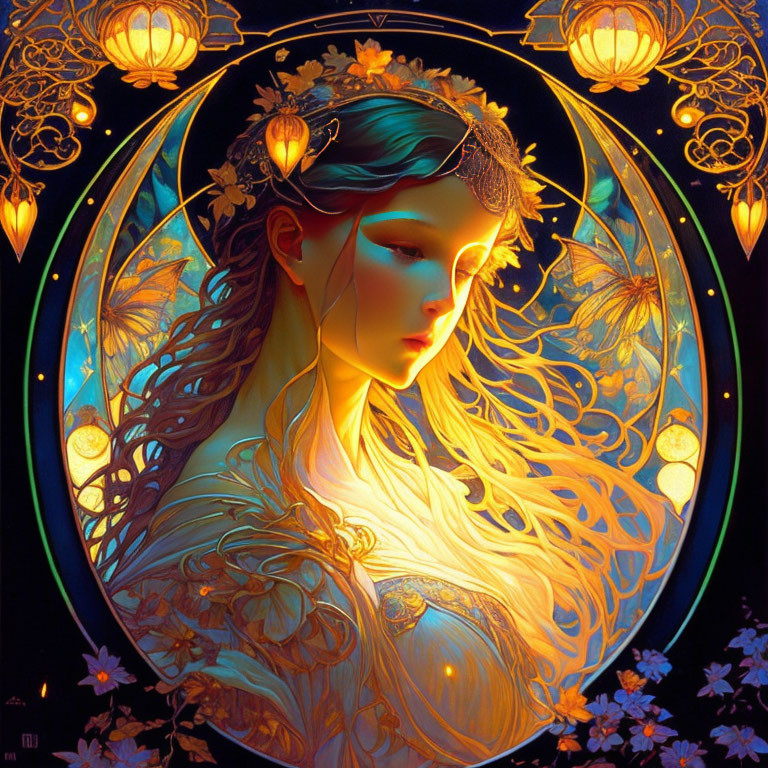 Stylized illustration of woman with flowing hair and floral crown in golden patterns.