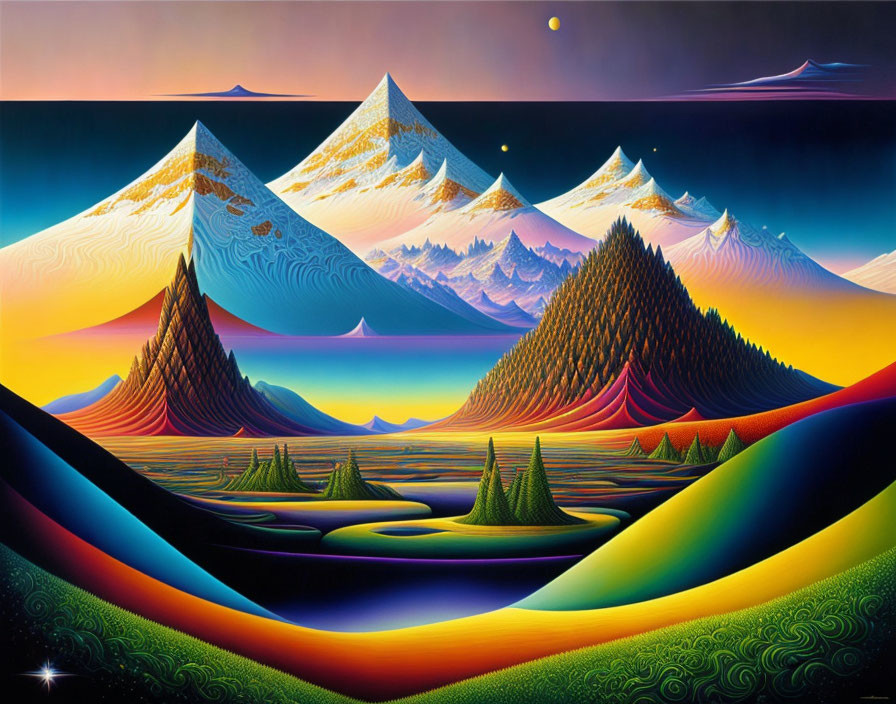 Colorful Landscape Painting with Stylized Nature Elements at Twilight