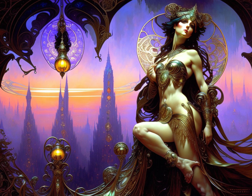 Stylized female figure with golden adornments in mystical cityscape